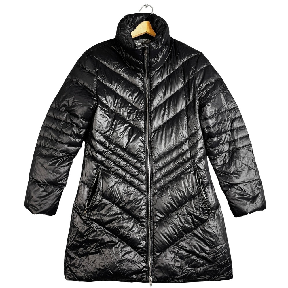 Crystal by Skea Womens Black Down Puffer Parka Jacket Chevron Quilted Small